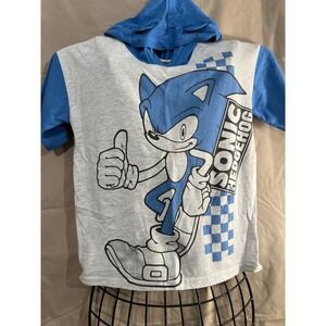 Boys Sonic The Hedgehog Hoodie T Shirt Blue Grey Size 7 Short Sleeve Hooded Top